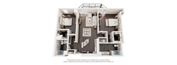 A 3D floor plan of a house with a kitchen, living room, and two bedrooms.