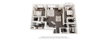 A 3D floor plan of a house with multiple rooms and furniture.