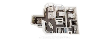 A 3D floor plan of a house with a kitchen, living room, and bathrooms.
