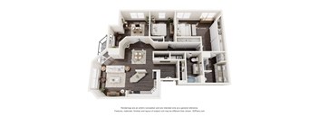 A 3D floor plan of a house with a kitchen, living room, and dining area.