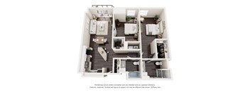 A 3D floor plan of a small apartment with a kitchen, living room, and bedroom.