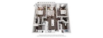 A 3D floor plan of a house with a kitchen, living room, and two bedrooms.