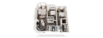 A 3D floor plan of a house with a kitchen, living room, and two bedrooms.