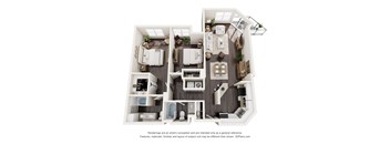 A 3D floor plan of a house with a kitchen, living room, and two bedrooms.