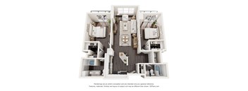 A 3D floor plan of a house with a kitchen, living room, and two bedrooms.