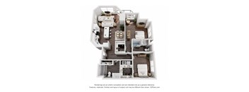 A 3D floor plan of a house with a kitchen, living room, dining room, and two bedrooms.