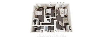 A 3D floor plan of a house with a kitchen, living room, and two bedrooms.