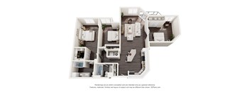 A 3D floor plan of a house with a kitchen, living room, and bathrooms.