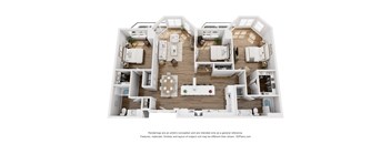 A 3D floor plan of a house with a kitchen, living room, dining room, and two bedrooms.