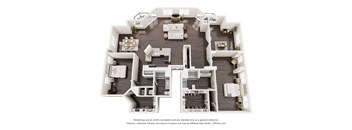 A 3D floor plan of a house with multiple rooms and furniture.