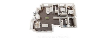 A 3D floor plan of a house with a living room, dining room, kitchen, and two bedrooms.