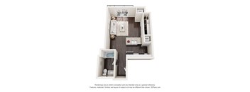 A 3D floor plan of a small apartment with a kitchen, living room, and bathroom.