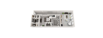 A top-down view of a small, neatly organized apartment.