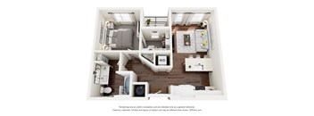 A 3D floor plan of a small apartment with a kitchen, living room, and bathroom.
