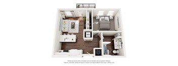 A 3D floor plan of a small apartment with a kitchen, living room, and bedroom.