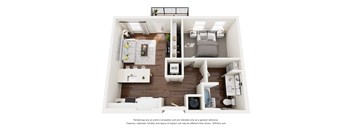 A 3D floor plan of a small apartment with a kitchen, living room, and bedroom.