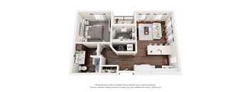 A 3D floor plan of a small apartment with a kitchen, living room, and bathroom.