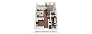 A 3D floor plan of a small apartment with a kitchen, living room, and bathroom.