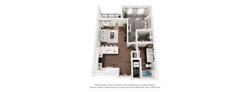 A 3D floor plan of a small apartment with a kitchen, living room, and bathroom.