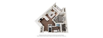 A 3D floor plan of a house with a kitchen, living room, and bathroom.