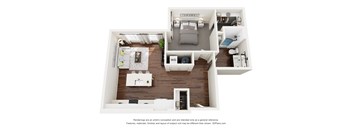 A 3D floor plan of a small apartment with a living room, kitchen, and two bedrooms.