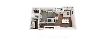 A 3D floor plan of a small apartment with a kitchen, living room, and bedroom.