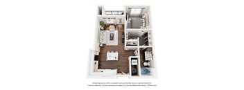A floor plan of a small apartment with a kitchen, living room, and bedroom.