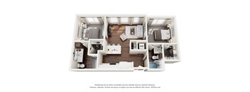 A 3D floor plan of a house with a kitchen, living room, and bedrooms.