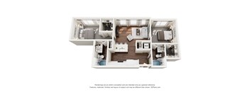 A 3D floor plan of a house with a kitchen, living room, and two bedrooms.