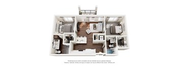 A 3D floor plan of a small apartment with a kitchen, living room, and bedroom.
