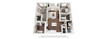 A 3D floor plan of a house with a kitchen, living room, and two bedrooms.