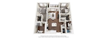 A 3D floor plan of a house with a kitchen, living room, and two bedrooms.