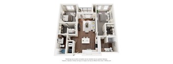 A 3D floor plan of a small apartment with a kitchen, living room, and bedrooms.
