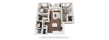 A 3D floor plan of a small apartment with a kitchen, living room, and bathroom.