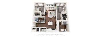 A 3D floor plan of a house with a kitchen, living room, and bathroom.