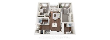A 3D floor plan of a house with a kitchen, living room, and bathroom.