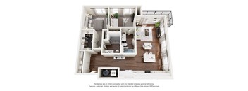 A 3D floor plan of a small apartment with a kitchen, living room, and bedrooms.