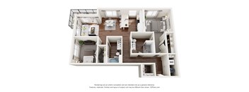 A 3D floor plan of a house with labeled rooms.