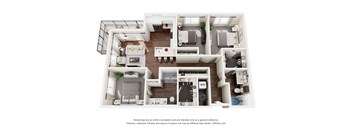 A 3D floor plan of a house with multiple rooms and furniture.