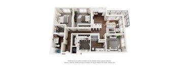 A 3D floor plan of a house with multiple rooms and furniture.