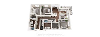 A 3D floor plan of a house with multiple rooms and furniture.