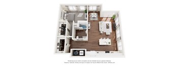A 3D floor plan of a small apartment with a kitchen, living room, and bedrooms.