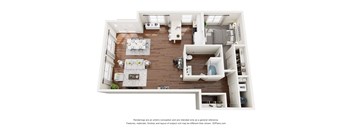 A 3D floor plan of a house with a kitchen, living room, and bedrooms.