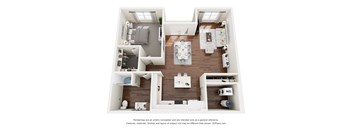 A 3D floor plan of a small apartment with a kitchen, living room, and bathroom.