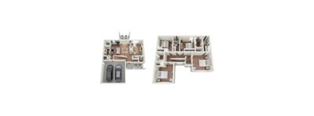 Two images of a dollhouse interior with a kitchen and living room.