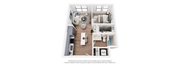 A 3D floor plan of a small apartment with a kitchen, living room, and bedroom.