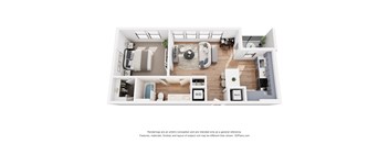 A 3D floor plan of a modern apartment with a living room, kitchen, and bedroom.