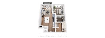 A 3D floor plan of a small apartment with a kitchen, living room, and bathroom.
