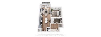 A floor plan of a two-bedroom apartment with a living room, kitchen, and bathroom.
