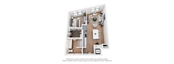 A 3D floor plan of a small apartment with a kitchen, living room, and bathroom.